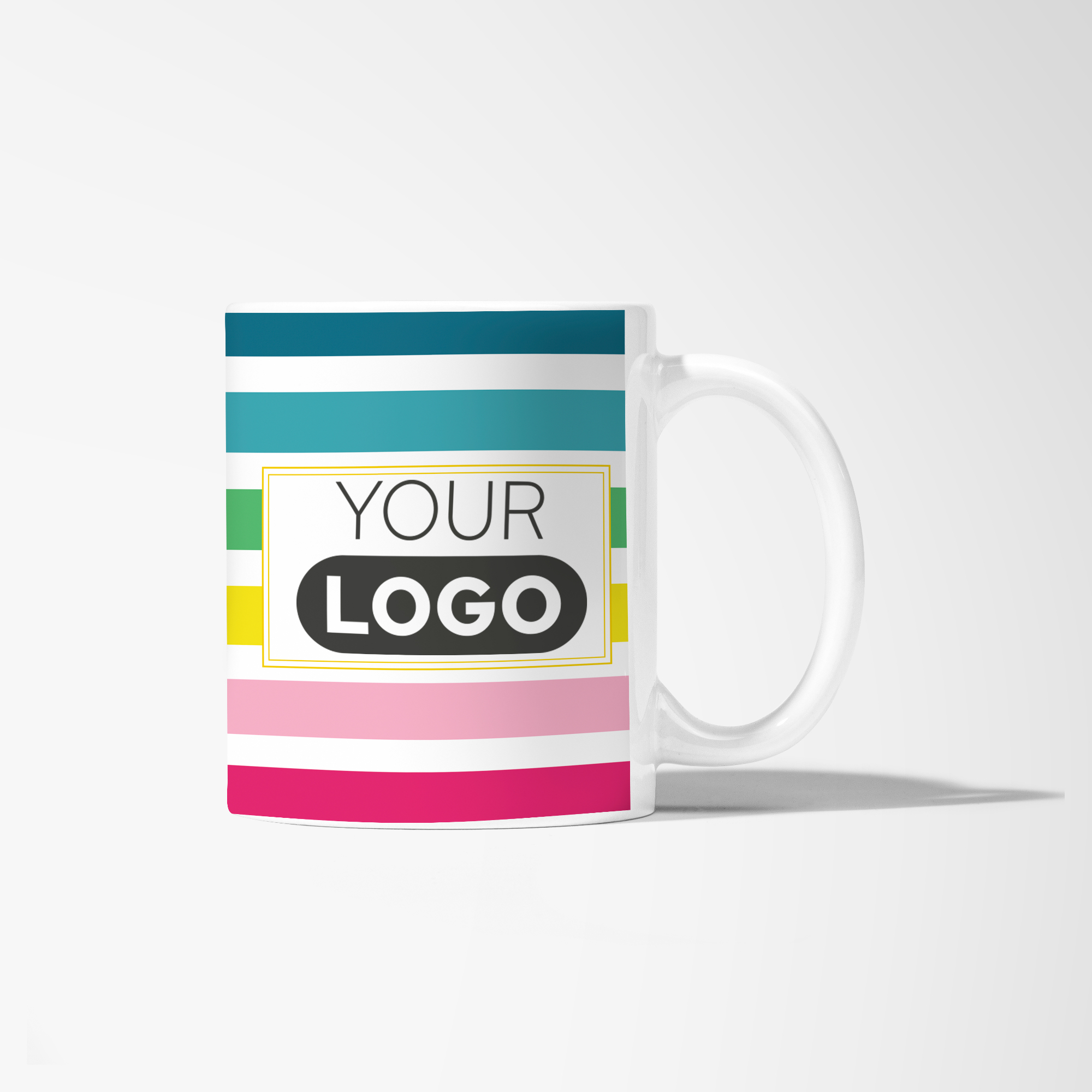 White branded coffee mug with colorful stripes.