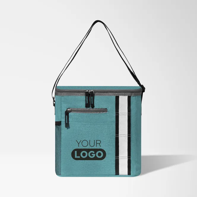 Promotional Day Trip Insulated Heather Lunch Bag Tote in gray with a heat transferred logo imprint.