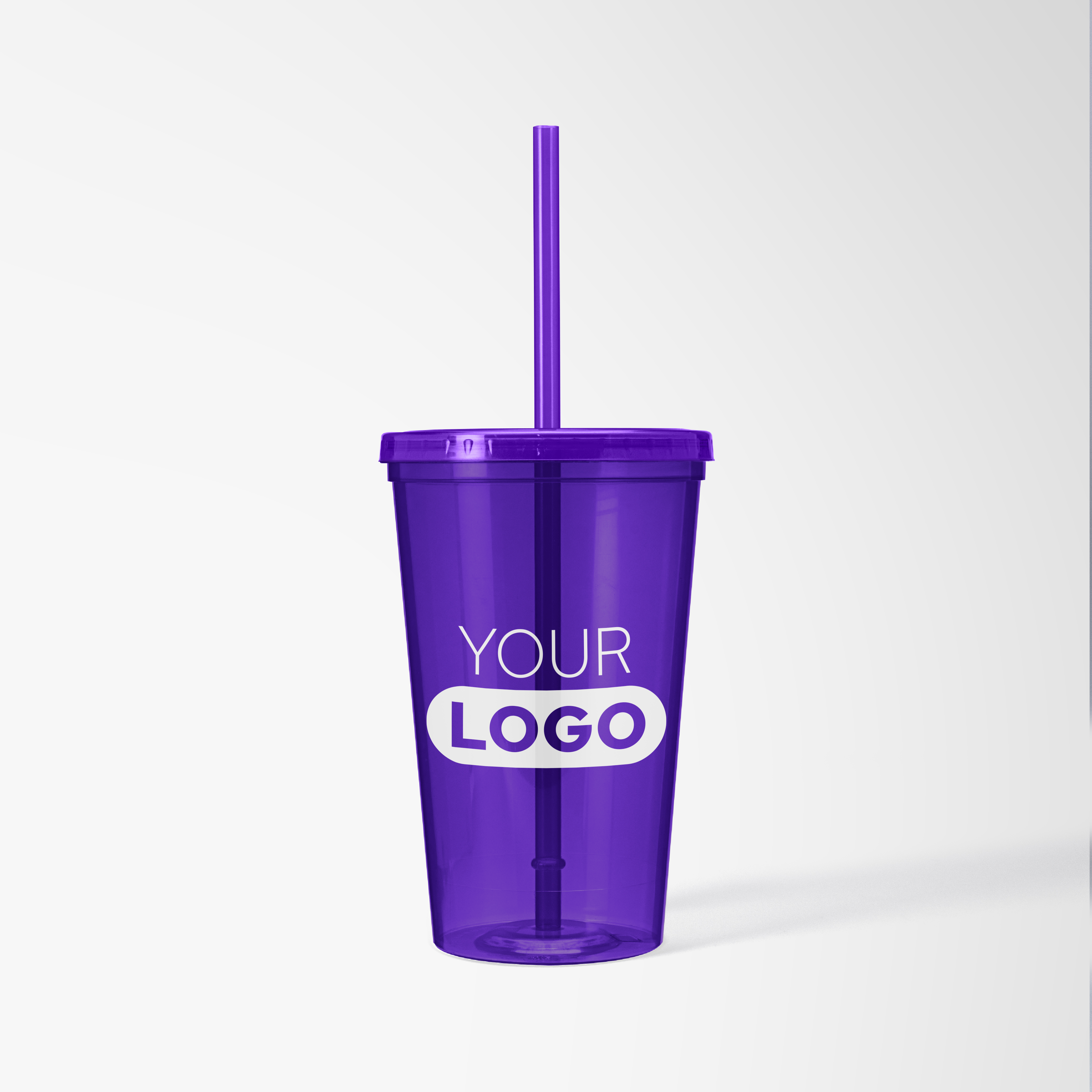 Purple plastic branded tumbler cup with straw.