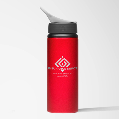 Promotional red water bottle imprinted with a logo