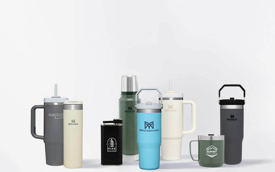 Display banner with a variety of Stanley® brand drinkware. Promotional products include Stanley Quencher H2.O FlowState™ Tumbler 40 oz, Stanley IceFlow™ Flip Straw Tumbler 30 oz, and Stanley Legendary Classic Bottle 48 oz.