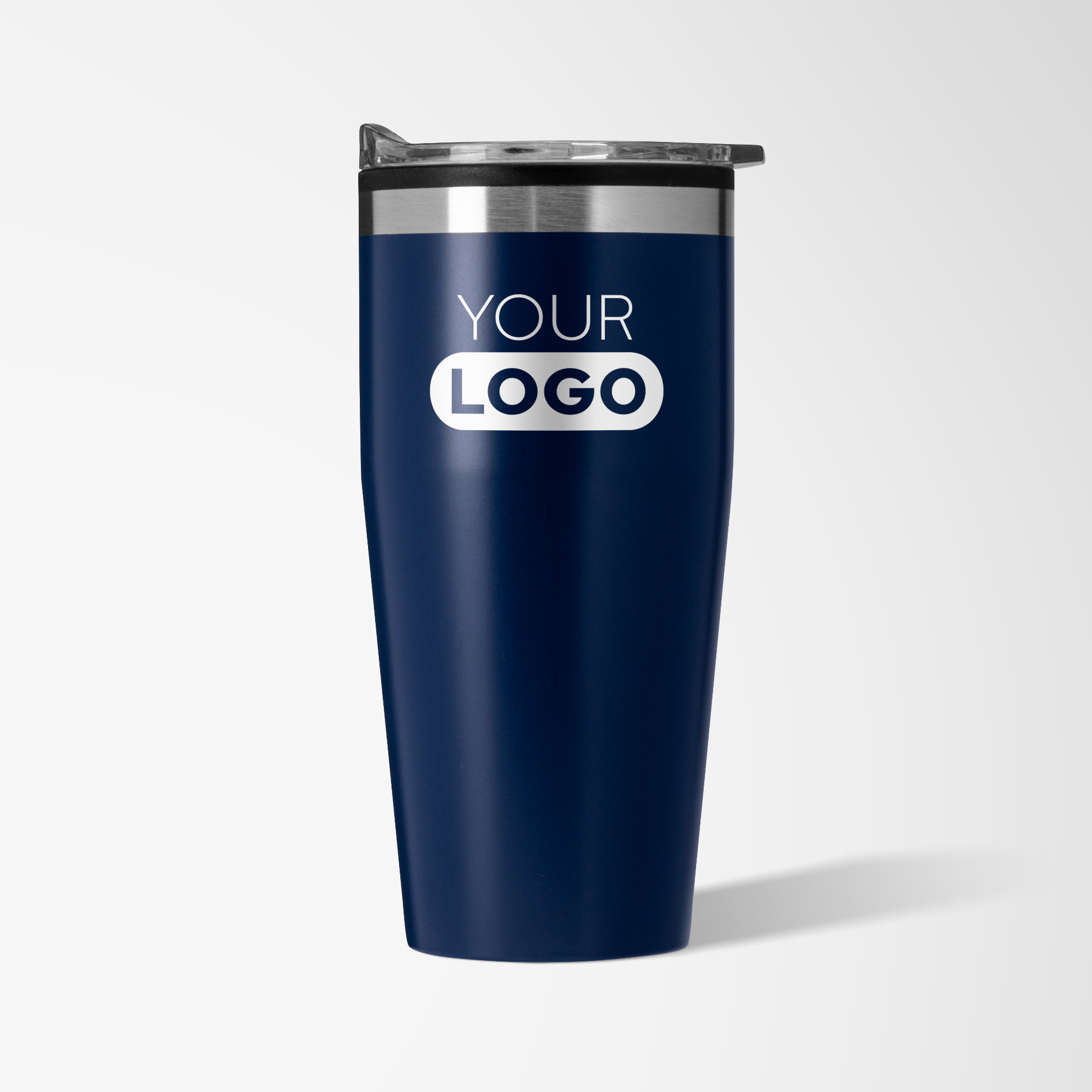 Navy blue travel mug with white logo.