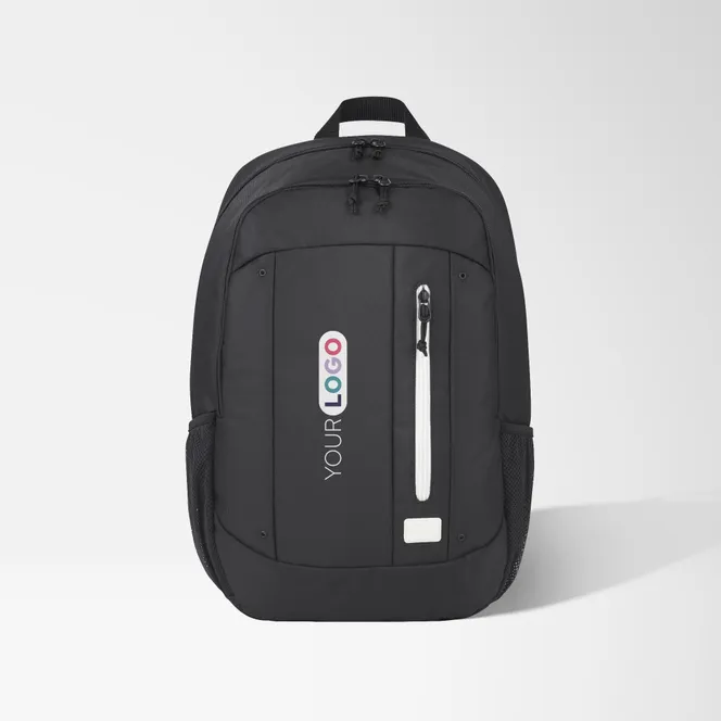 Promotional laptop backpack in black with a logo imprint.