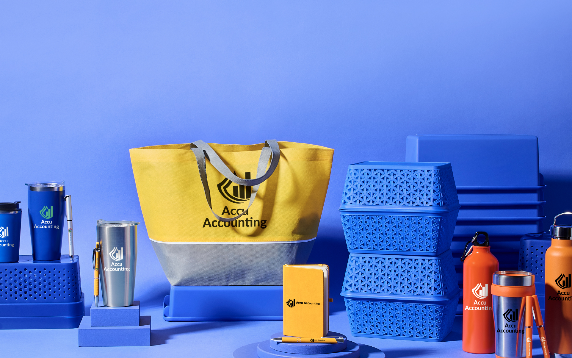Variety of promotional products for trade show on display