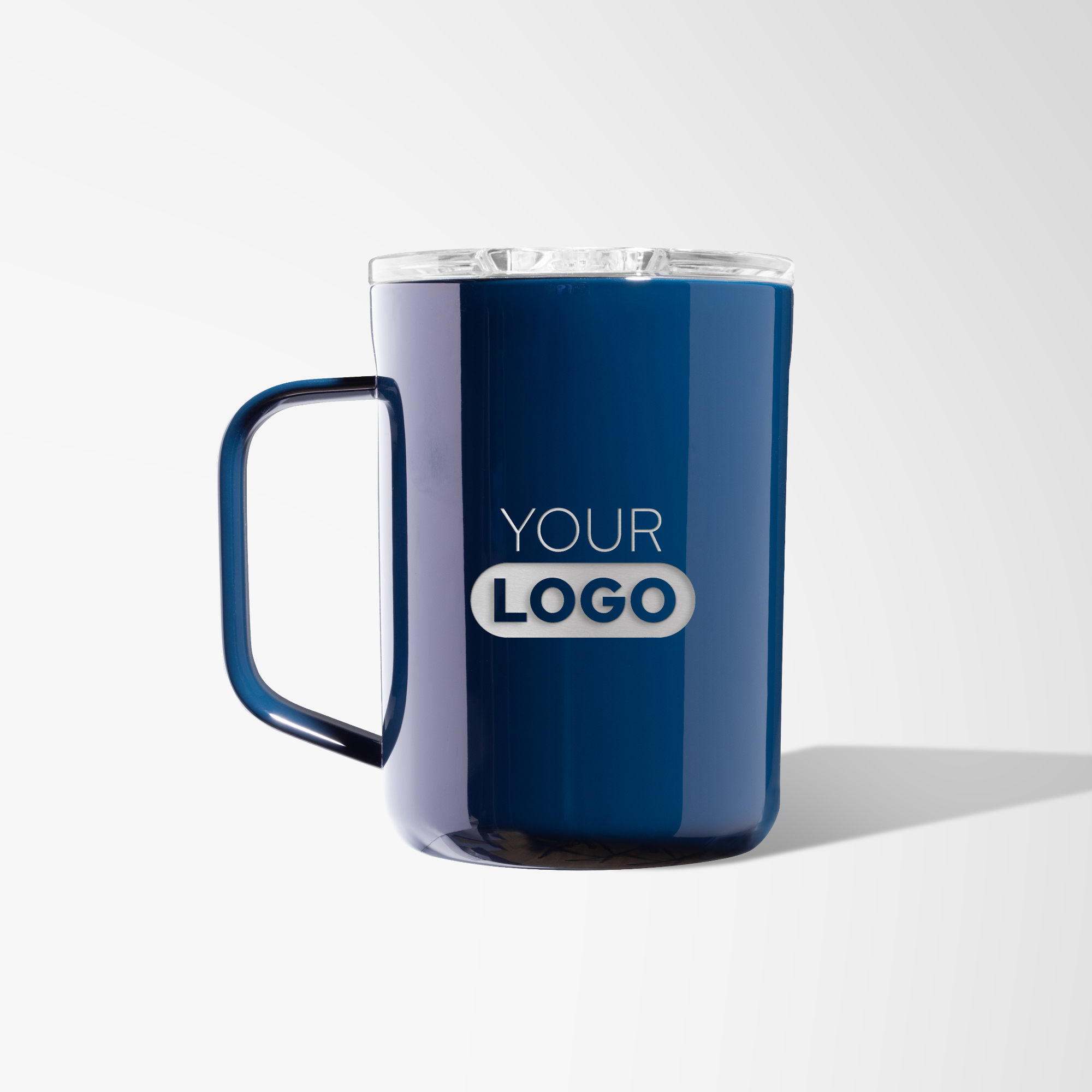 Metallic blue stainless steel coffee mug with engraved logo.