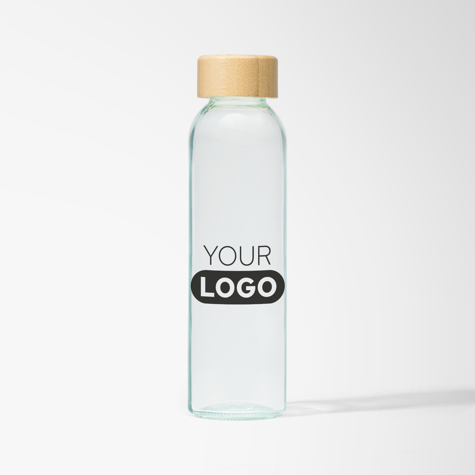 Branded glass water bottle with bamboo lid.