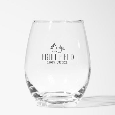 Clear and transparent stemless wine glass printed with a logo
