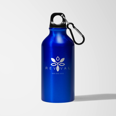 Blue branded water bottle with carabiner