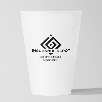 White plastic cups with company logo and contact details