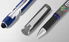 Blue click pen and grey capped pen with logo